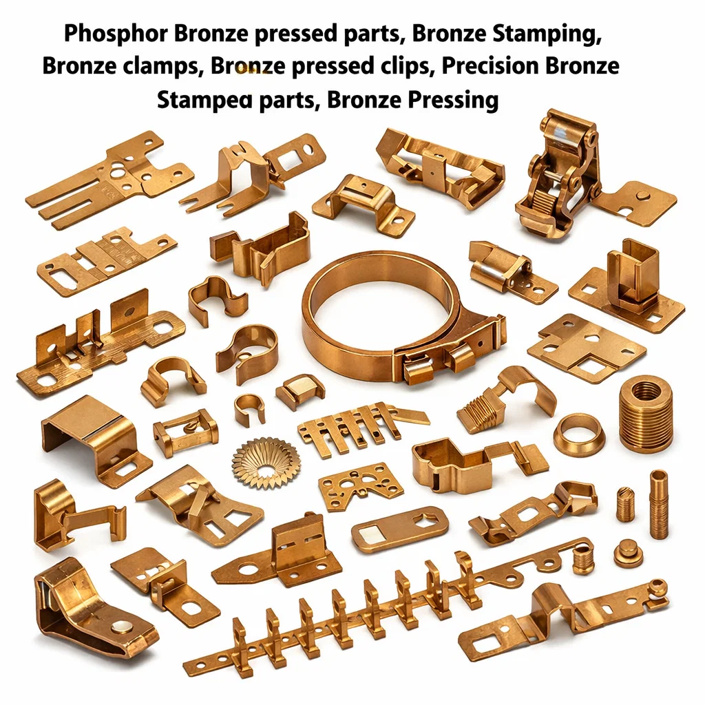 Bronze contacts, Bronze conenctors, Phosphor Bronze pressed parts, Bronze Stamping, Bronze clamps, Bronze pressed clips, Precision Bronze Stamped parts, Bronze Pressed components