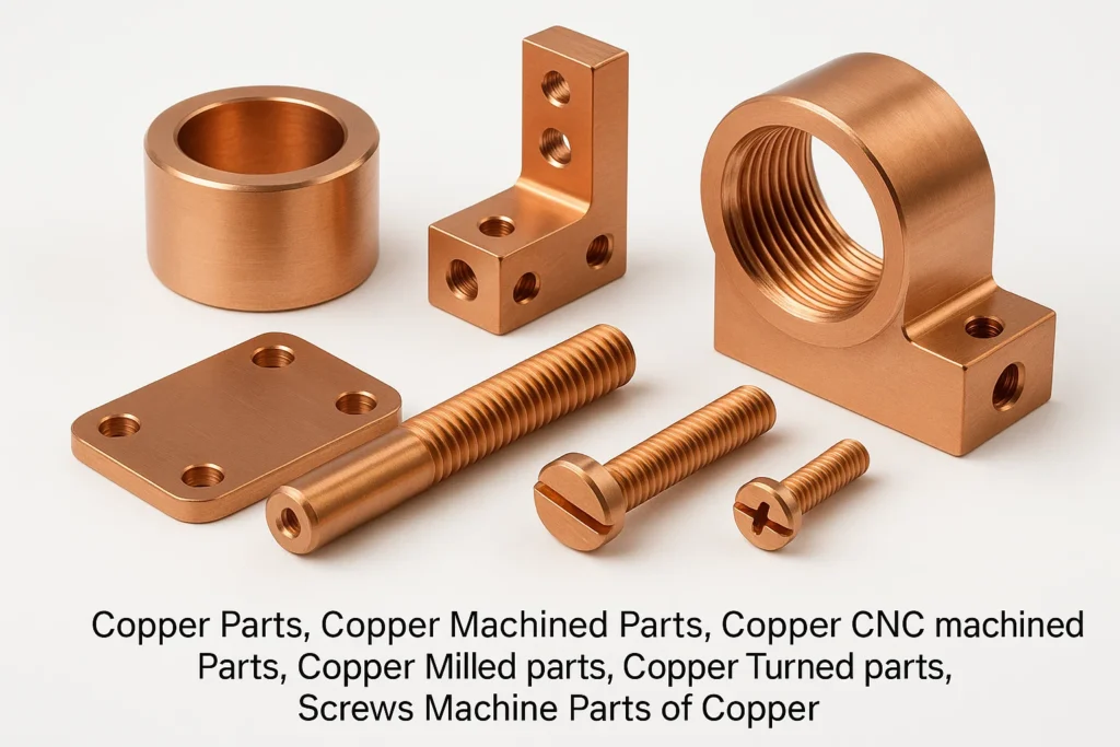 Copper Milled parts, Copper Turned parts, Screws Machine Parts of Copper, Copper Swiss Machined parts, Copper Machined pins, Copper Threaded and machined parts,