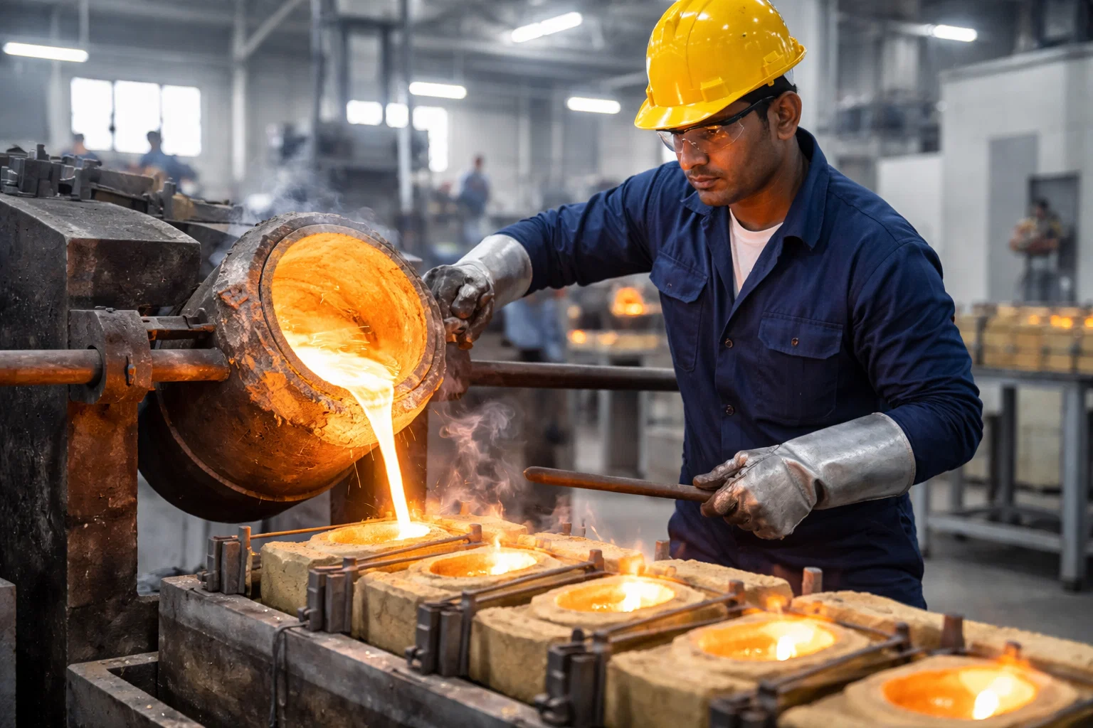 Phosphor Bronze Shell Moulding Casting – India Foundry Worker Indian foundry worker pouring molten phosphor bronze alloy into shell moulding casting moulds at a metal casting foundry in India